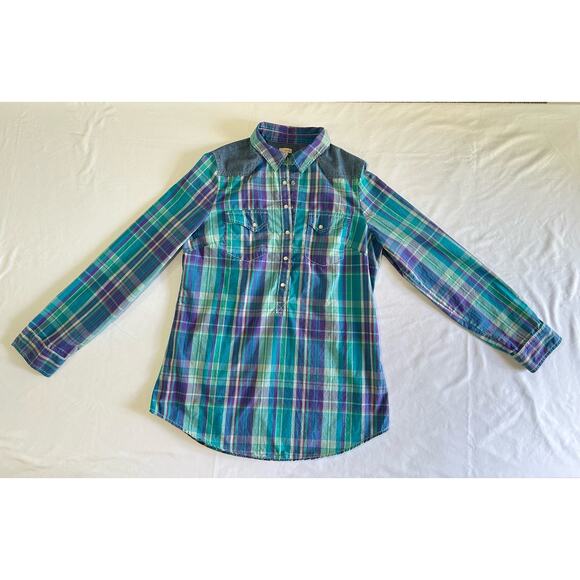 Hinge Plaid Button Down Mini Dress Top Flannel Blue Purple Green Size Medium - Picture 3 of 13